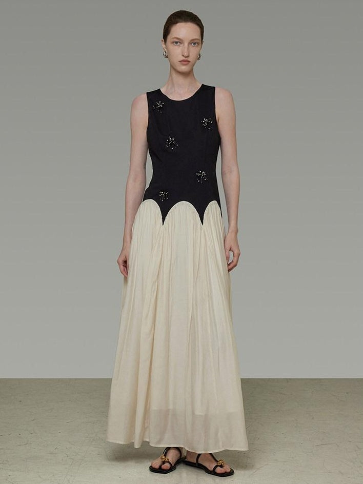 unspoken Elegant Beaded High Waist A Line Sleeveless Office Polyester Maxi Dresses