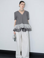 audreyyang Cotton Blend Commuter Patchwork Loose V-neck Heather Gray Short Sleeve T-Shirts