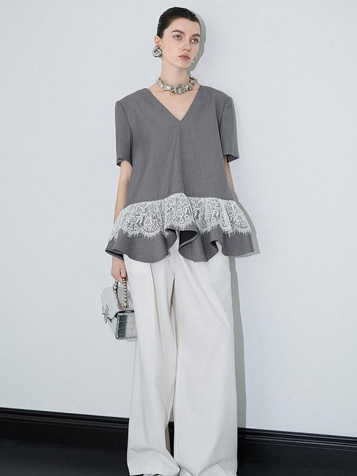 audreyyang Cotton Blend Commuter Patchwork Loose V-neck Heather Gray Short Sleeve T-Shirts