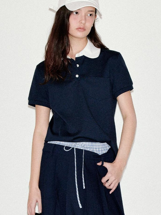 fano Patchwork Slim Korean Henley Neck Cross Navy Short Sleeve T-Shirts