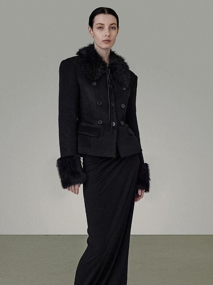 unspoken Warm Wool Blend Slim Fit Button Front Women Black Long Sleeve Cropped Jackets
