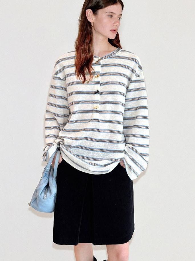 fano Cotton Blend Relaxed Loose Round Neck Women Striped Long Sleeve T-Shirts