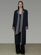 unspoken Minimal Navy Plaid Single Breasted Midlength Relaxed Women Trench Coats