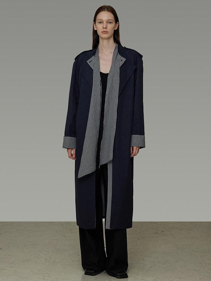 unspoken Minimal Navy Plaid Single Breasted Midlength Relaxed Women Trench Coats