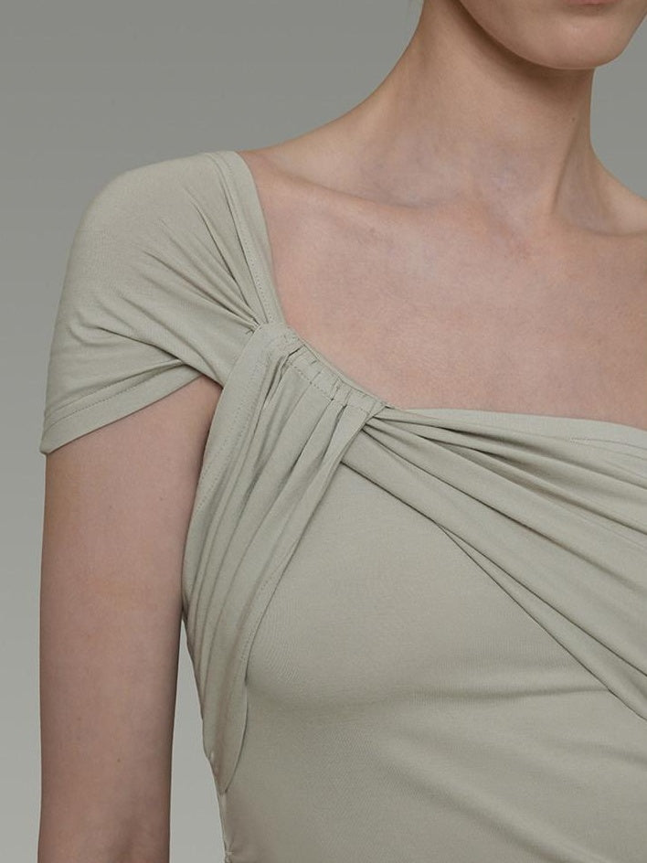 unspoken Minimalist Viscose Short Sleeve Two Piece Women Sage Green Top & Skirt Sets