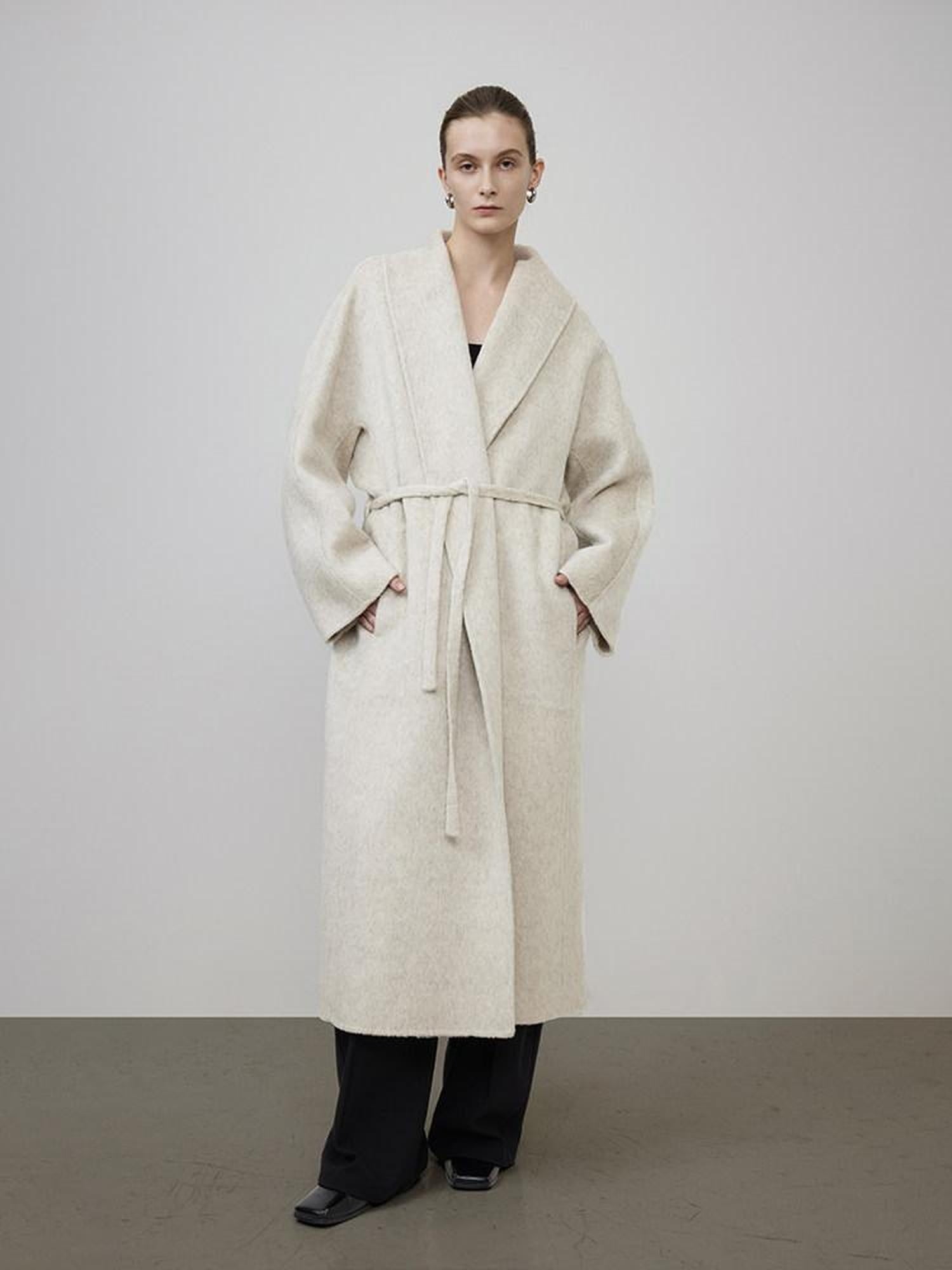 unspoken Warm Wool Rabbit Silk Blend Tie Waist Straight Cut Minimal Commuter Long Coats