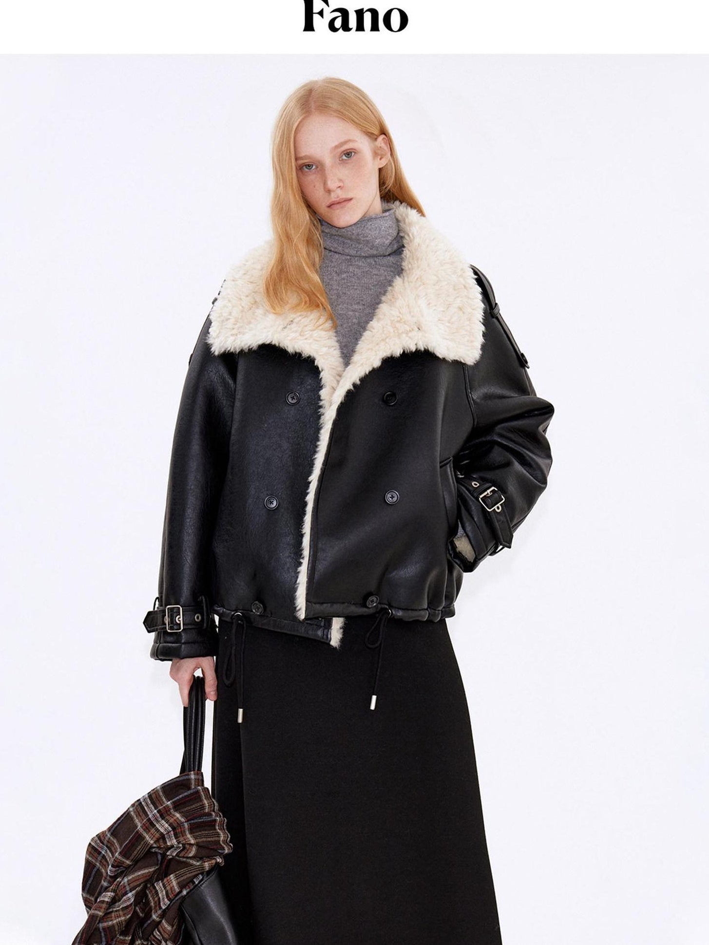 fano Warm Shearling High Collar Double Breasted Loose Fit Women Black Leather Jackets