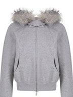 fano Detachable Zip Windproof Short Loose Casual Women Apple Shape Heather Gray Hoodie