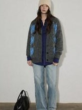 Lofi choose Cozy Wool Blend V-neck Button Front Relaxed Fit Heart Pattern Gray Cardigans
