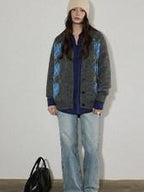 Lofi choose Cozy Wool Blend V-neck Button Front Relaxed Fit Heart Pattern Gray Cardigans