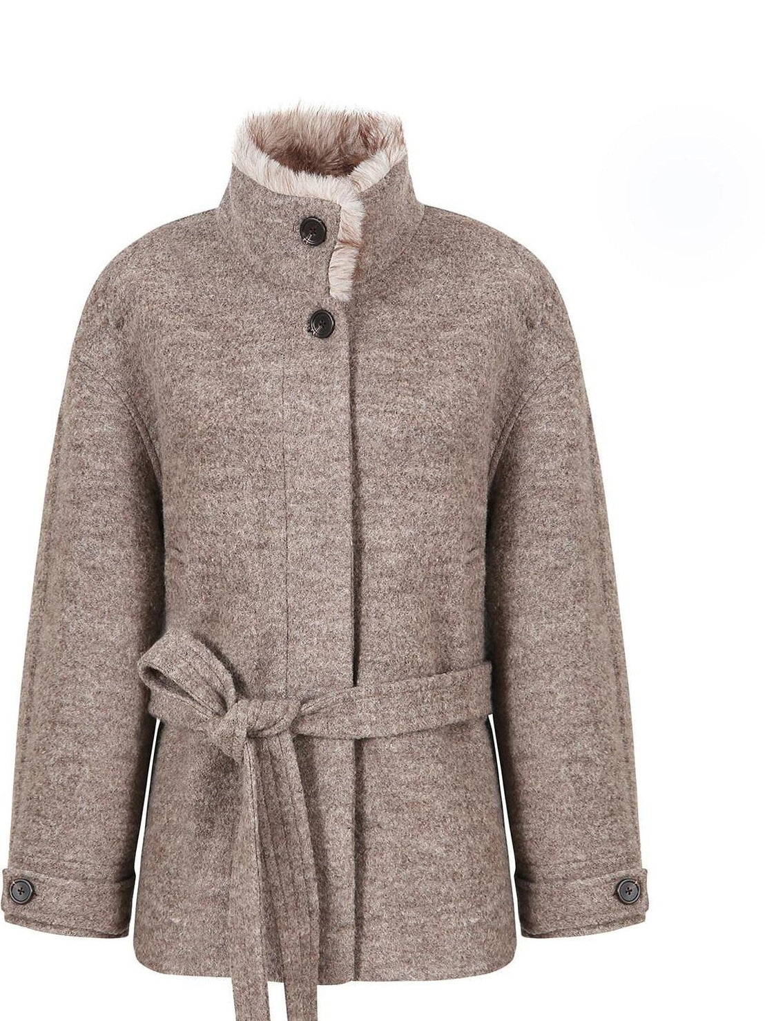 fano 70 Wool 30 Polyester Light Brown Women Korean Commuter Stand Collar Wool Coats