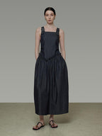 unspoken Minimalist Pleated Cinched Waist Cotton A Line Strap Dress Women Maxi Dresses