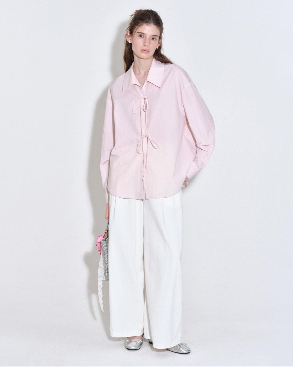 fano Shape Retention Lyocell Blend Korean Work Loose Turn Collar Pink Women Blouses