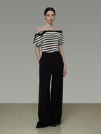 unspoken Soft Cotton Knit Striped Loose Minimalist Women Bardot Off Shoulder Crop Tops