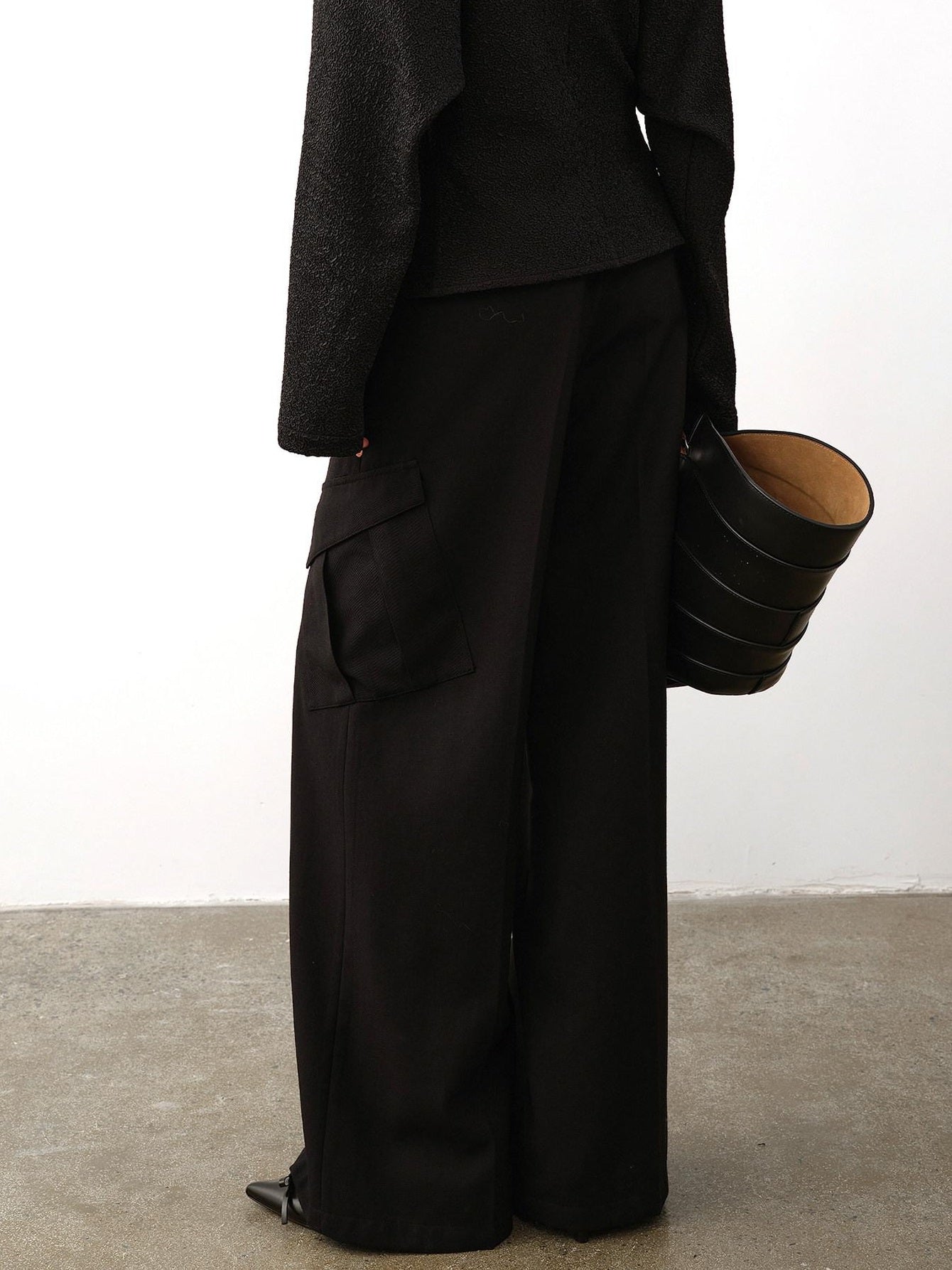 audreyyang High Waist Korean Workwear Black Polyester Viscose Wide Leg Pants
