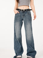 ikyou Durable Distressed Washed Blue Relaxed Natural Waist Rigid Denim Wide Leg Jeans