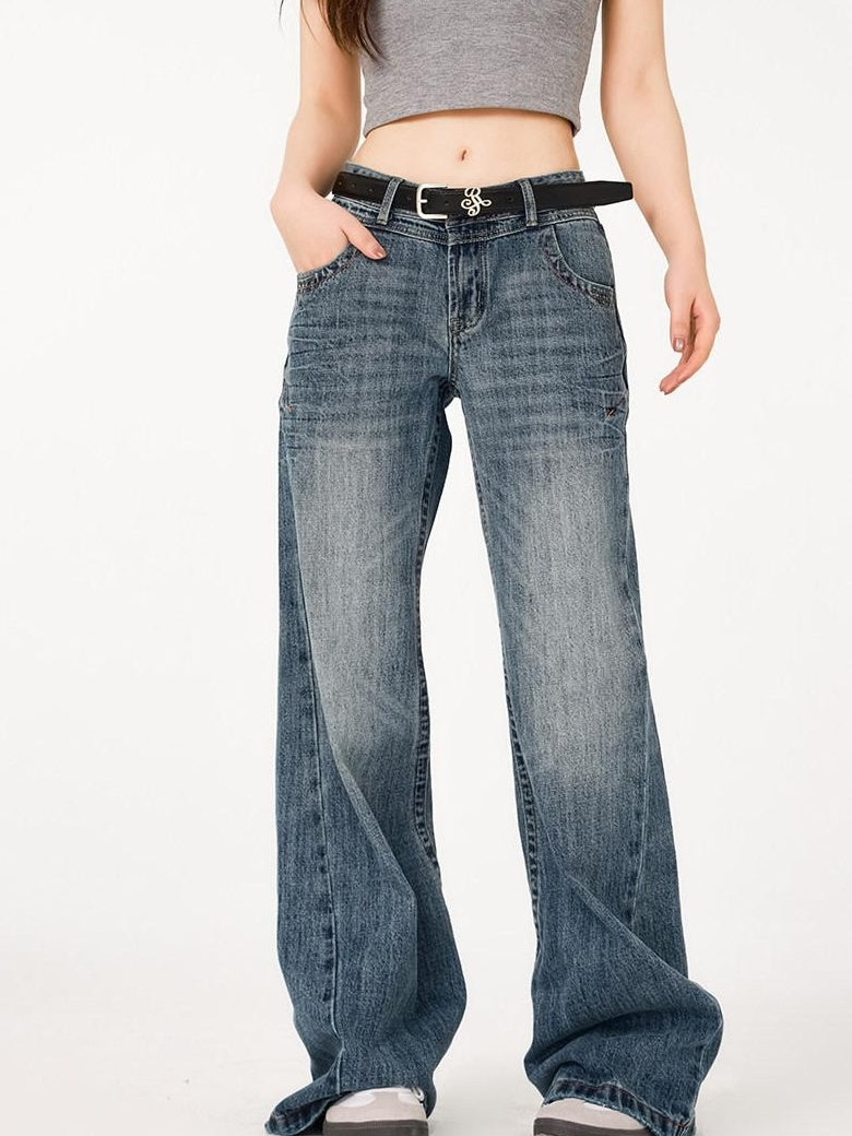 ikyou Durable Distressed Washed Blue Relaxed Natural Waist Rigid Denim Wide Leg Jeans