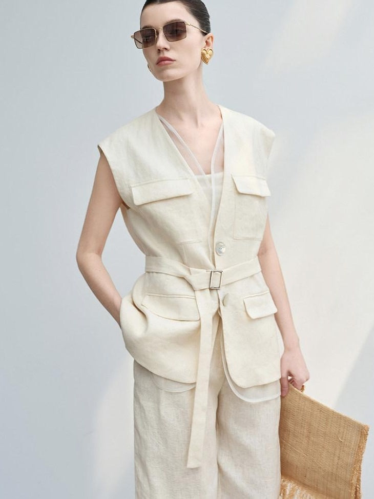 audreyyang Light Cream Linen V-neck Button Vest With Long Pants Women Top & Pants Sets