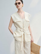 audreyyang Light Cream Linen V-neck Button Vest With Long Pants Women Top & Pants Sets