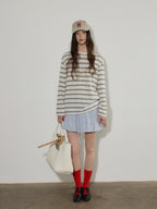 Lofi choose Polyester Blend Colorblock Blue Stripe Relaxed Crew Neck Long Sleeve T-Shirts
