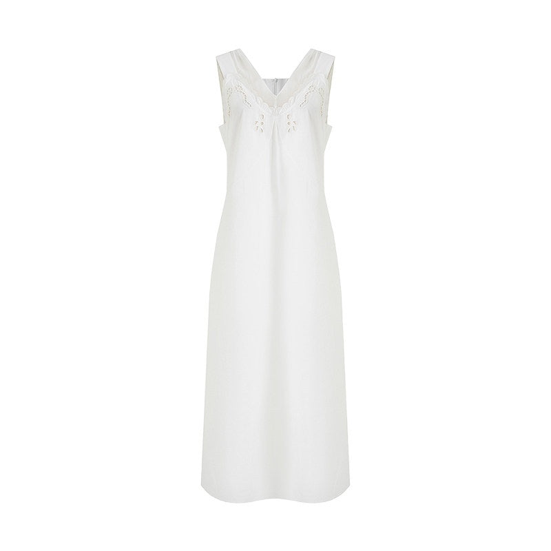 unspoken_Soft_100_Percent_Cotton_Crochet_V-neck_Sleeveless_Office_White_Maxi_Dresses_MISSTT