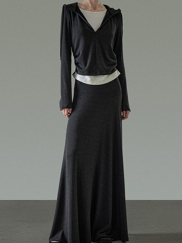 unspoken Soft Viscose Two Piece Hooded Zip Up Loose Minimal Female Deep Gray Lounge Sets