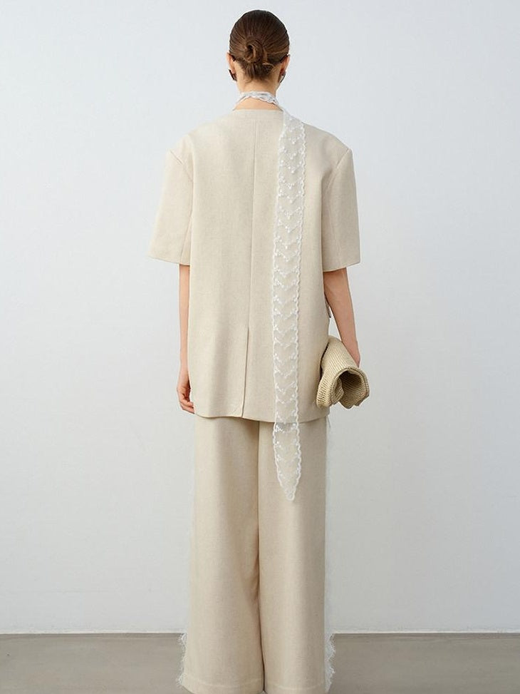 audreyyang Pure Linen Commuter Loose Fit Short Sleeve V-neck Women White Blazers
