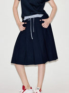 fano Classic Pleated Mid Waist Korean Office Navy Polyester Rayon Midi Skirts