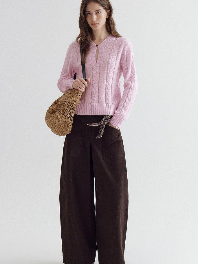 fano High Waist Cotton Warm Minimal Commuter Pocket Button Women Brown Wide Leg Pants