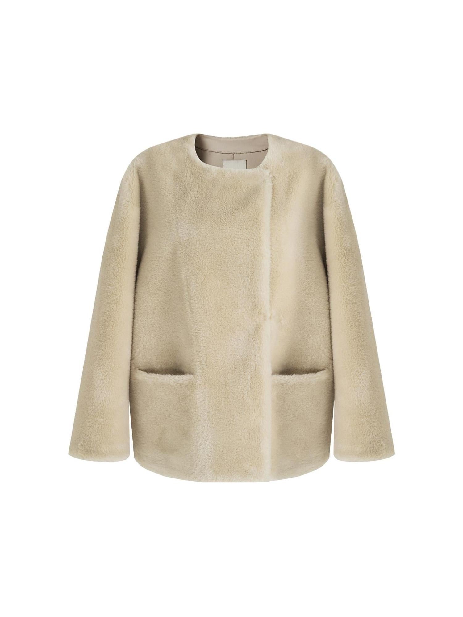 unspoken Warm Cream Collarless Minimalist Relaxed Fit Women Polyester Short Coat