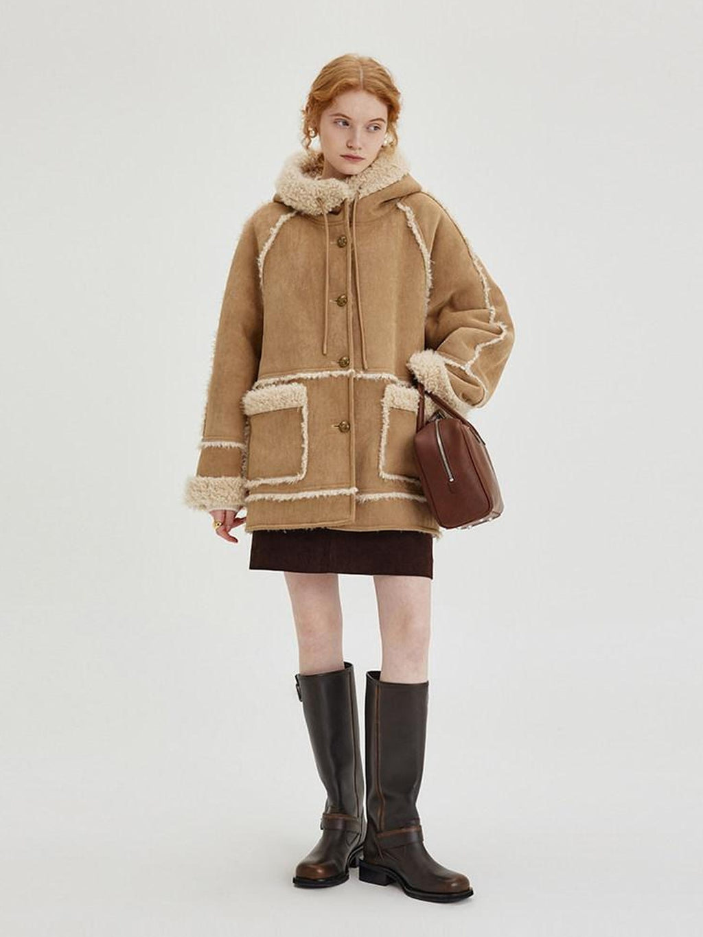 fano Warm Wool Blend Hooded Loose Patchwork Womens Commuter Long Coats