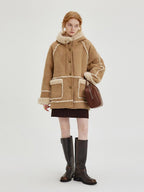 fano Warm Wool Blend Hooded Loose Patchwork Womens Commuter Long Coats