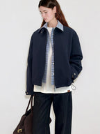 fano Warm Pure Cotton Relaxed Faux Two Layer Women Daily Navy Striped Cropped Jackets