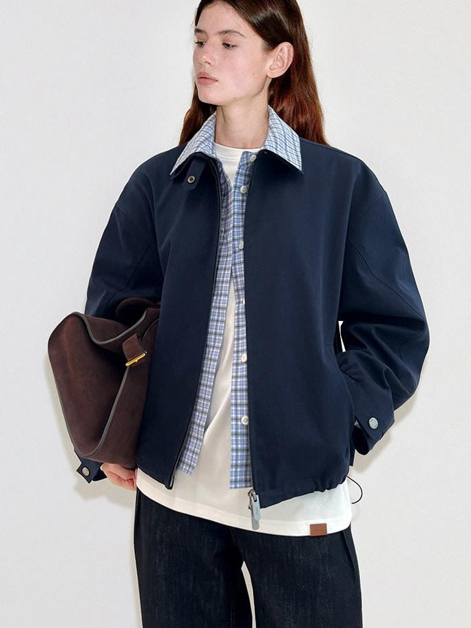fano Warm Pure Cotton Relaxed Faux Two Layer Women Daily Navy Striped Cropped Jackets