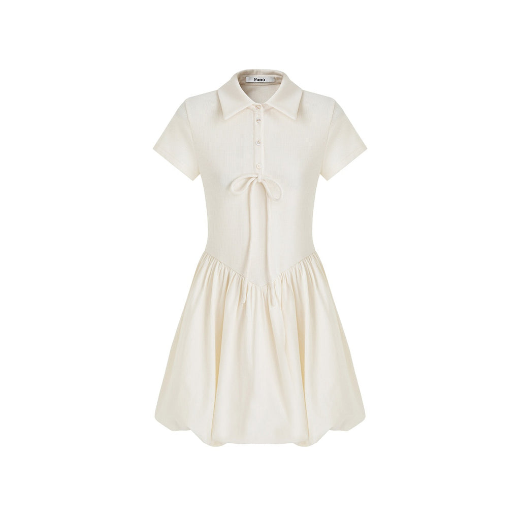 fano_Stretch_Short_Sleeve_Polo_Cocoon_Bubble_Skirt_Natural_Waist_Beige_Midi_Dresses_MISSTT