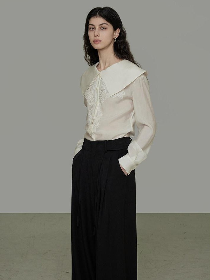 unspoken Lyocell Embroidered Doll Collar Loose Fit Women White Button Long Sleeve Blouses