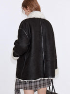 fano Contrast Color Trim Casual Loose Fit Lapel Collar Women Daily Black Short Coat