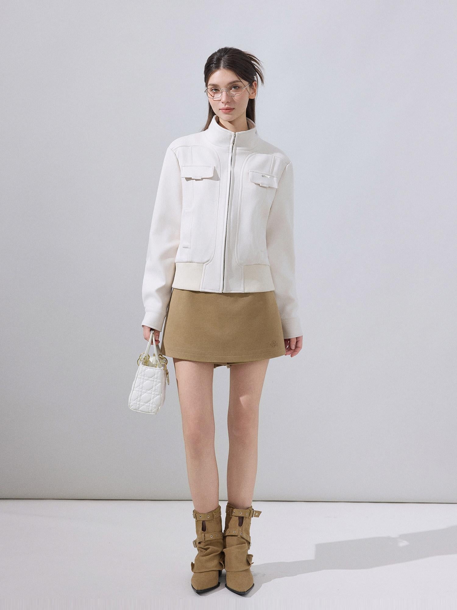 ikyou Stretch Pu Cropped Stand Collar Zipper Casual Women Cream Leather Jackets