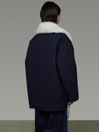 unspoken Fur Lined Thick Minimal Commuter Loose 3D Tailored Cotton Navy Puffer Jackets