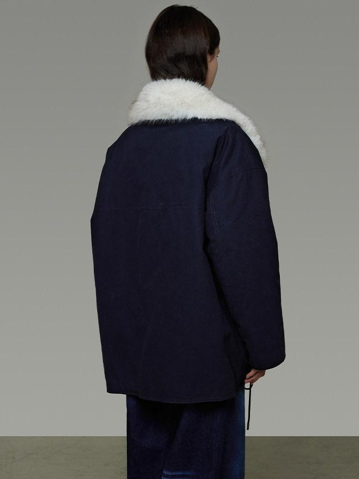 unspoken Fur Lined Thick Minimal Commuter Loose 3D Tailored Cotton Navy Puffer Jackets