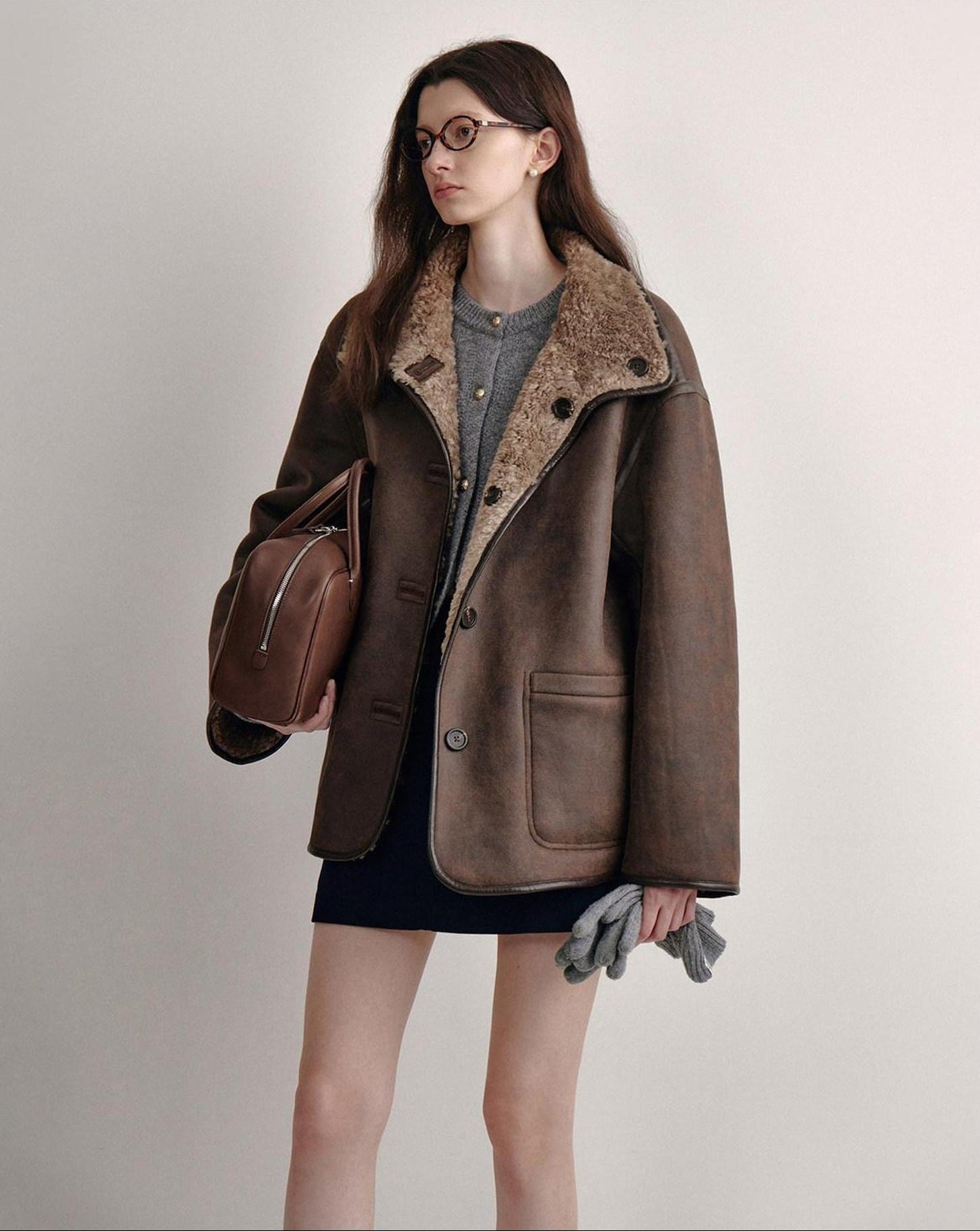fano Reversible Vintage Straight Stand Collar Women Coffee Brown Short Coat