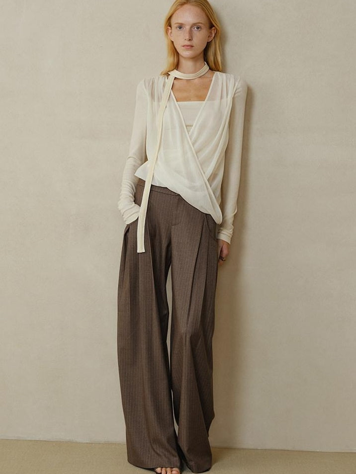 someonesometimes Shape Retaining Pleated Natural Waist Brown Striped Poly Stretch Wide Leg Pants