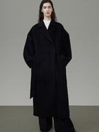 unspoken 100 Percent Wool Minimal Straight Long Tie Office Women Black Wool Coats