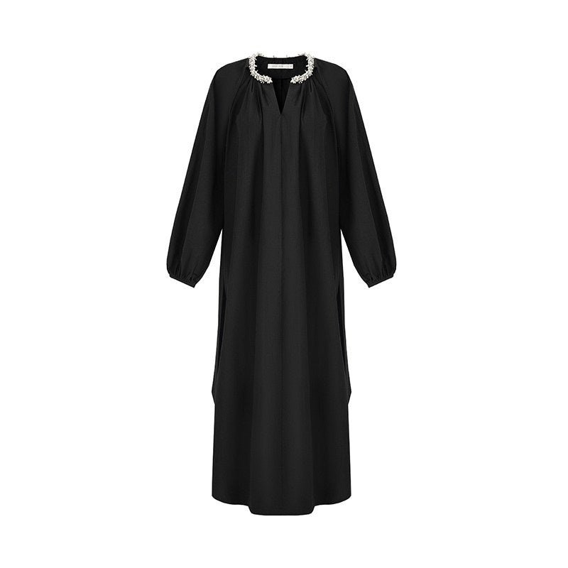 unspoken_Cotton_Loose_Waist_Minimalist_V-neck_Long_Sleeve_Casual_Black_Maxi_Dresses_MISSTT