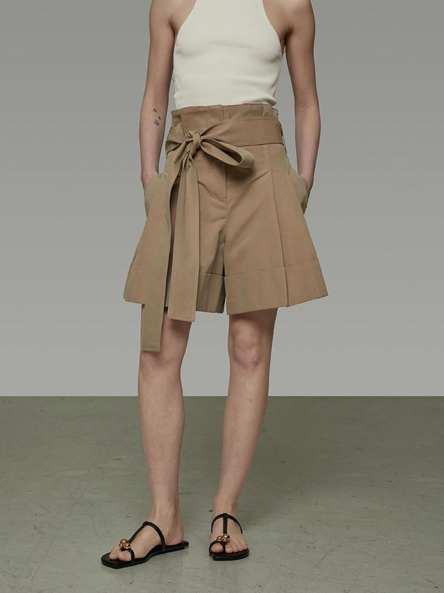 unspoken High Waist Drawstring Minimalist Workwear Cotton Blend Khaki Mid-Length Shorts
