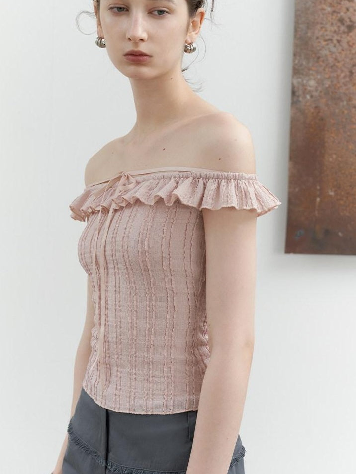 someonesometimes Lace Tie Slim Fit Short Solid Mauve Cream Daily Chic Off Shoulder Crop Tops
