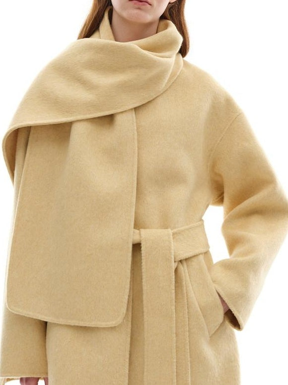 someone sometimes Minimalist Belted Roundneck Single Breasted 50 Percent Wool Yellow Wool Coats