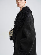 audreyyang Warm Wool Patch Retro Loose Lapel Midlength Women Lambswool Collar Long Coats
