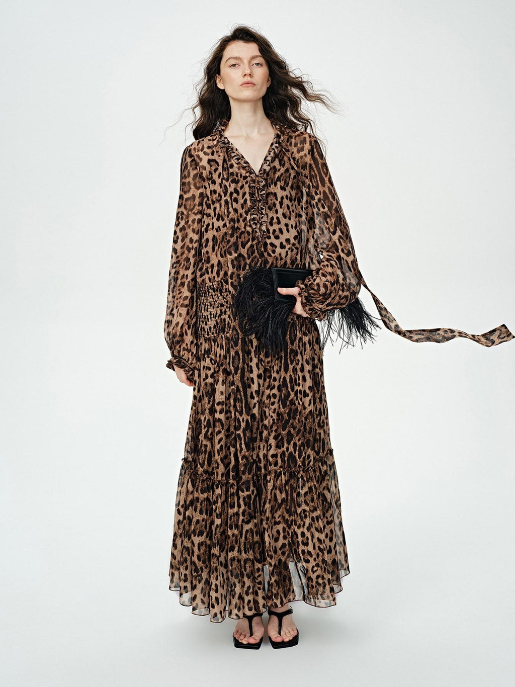 audreyyang Silk Blend Leopard Print A Line Fitted Waist Long Sleeve Vacation Maxi Dresses