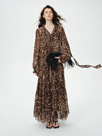 audreyyang Silk Blend Leopard Print A Line Fitted Waist Long Sleeve Vacation Maxi Dresses